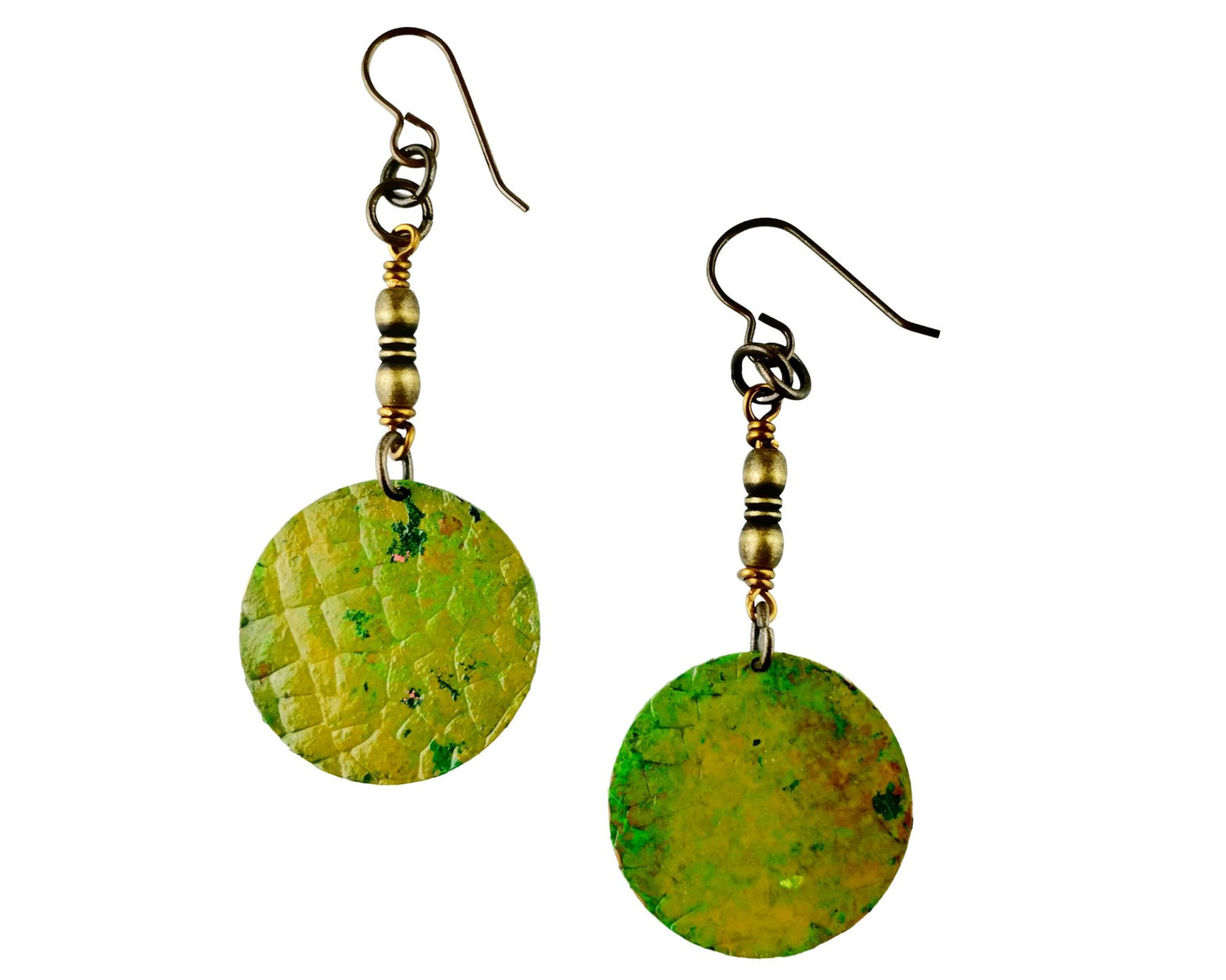 Handmade olive green dragon skin brass earrings with etched scale pattern.