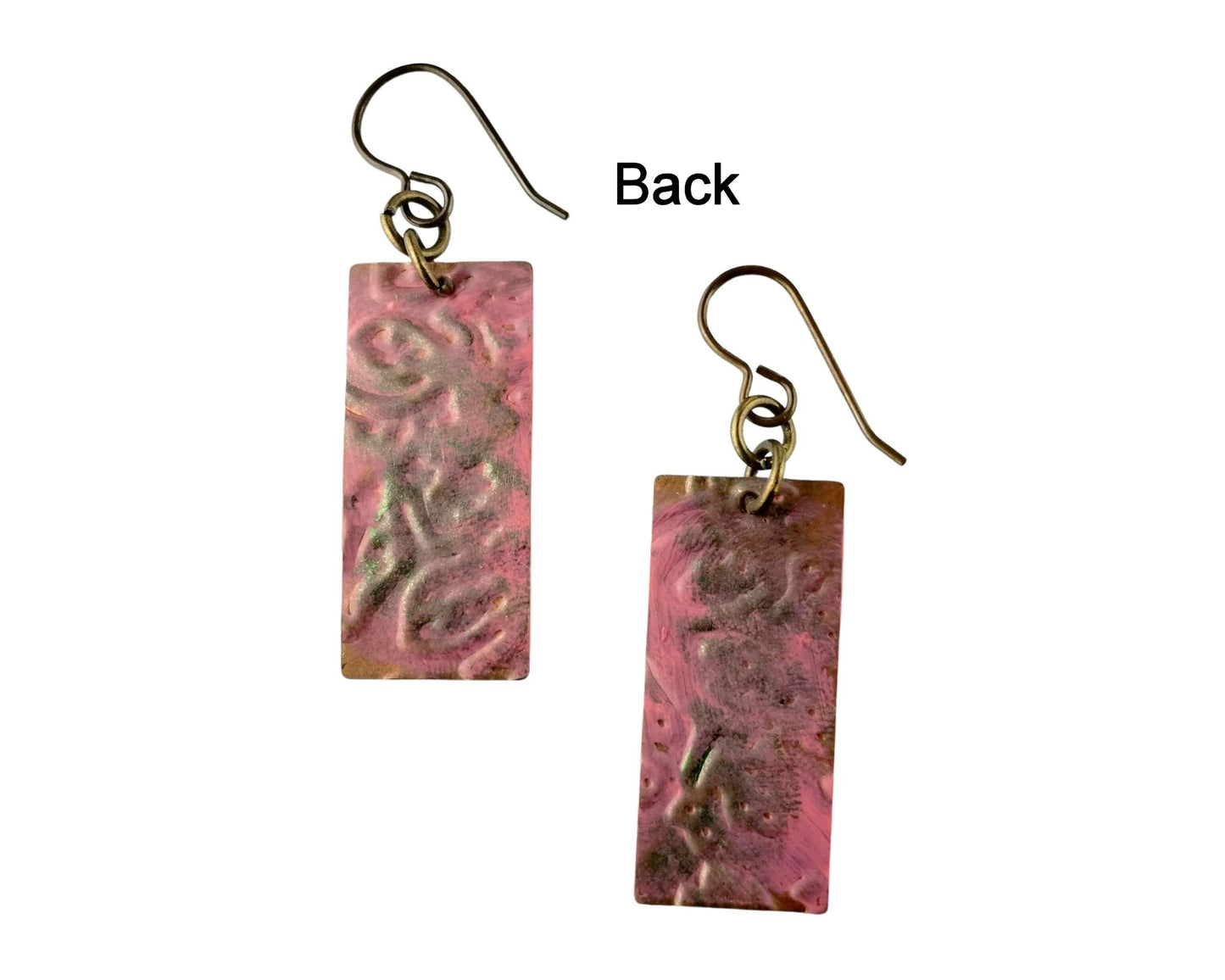 Vintage-inspired hand-painted floral brass earrings in coral pink and green