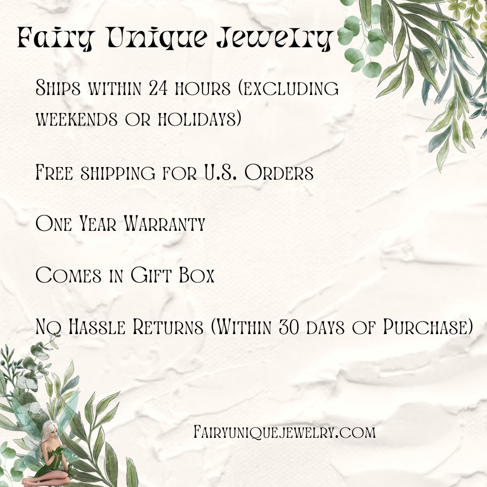 Promotional text for Fairy Unique Jewelry with decorative elements on a marble background.