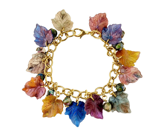 Fall bracelet featuring impression jasper bead drops and gold chain.