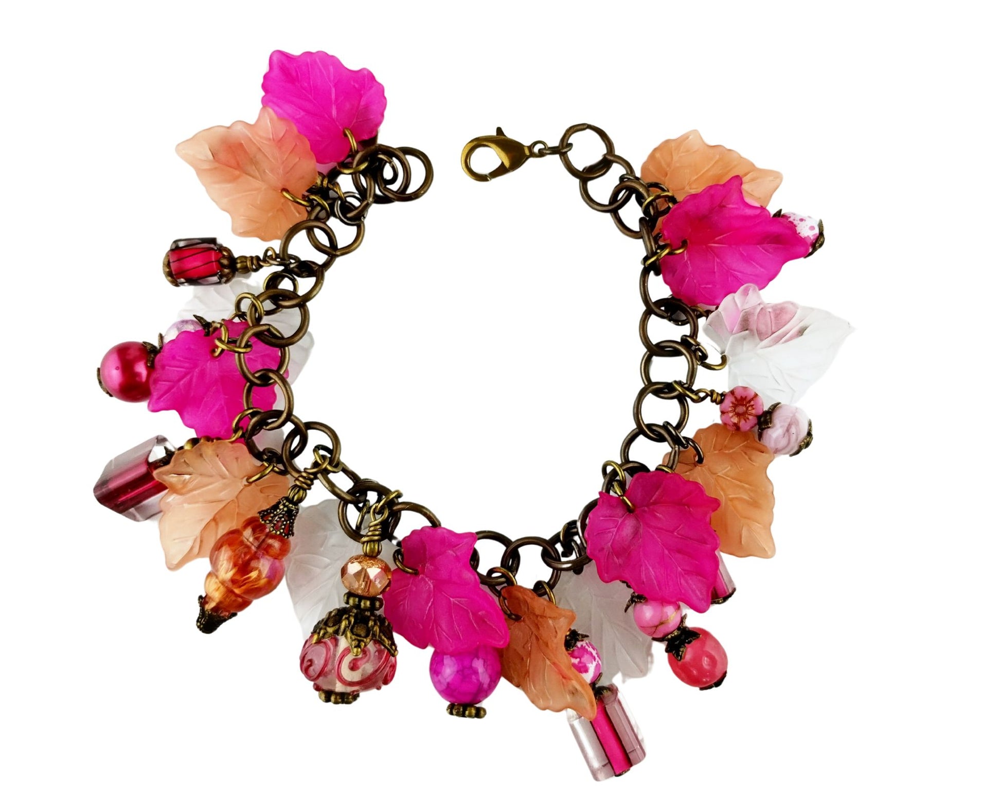 Handmade pink and white beaded leaf bracelet with brass chain