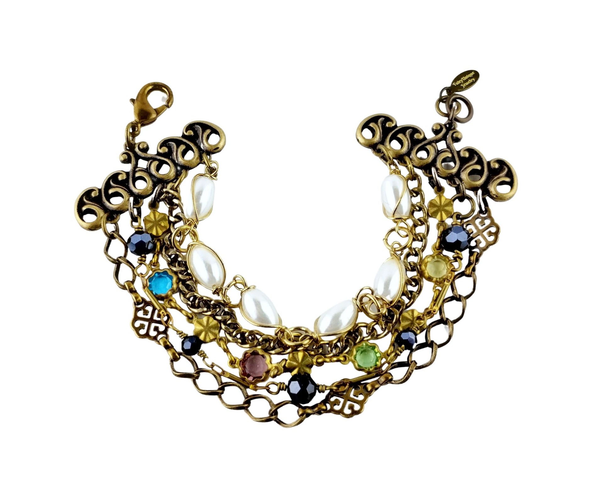 Eclectic gold-tone bracelet with pearls, floral links, and glass beads

