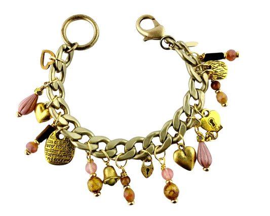 Handmade gold-tone heart charm bracelet with pink and brown beads
