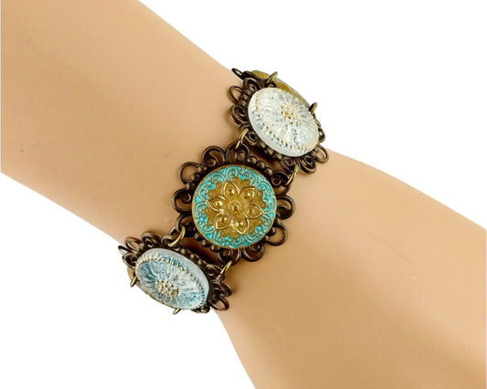 Handmade vintage-style bracelet with aqua green glass buttons