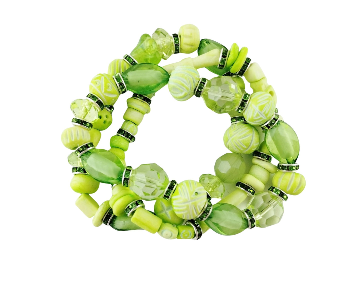 Green beaded bracelet on a white background