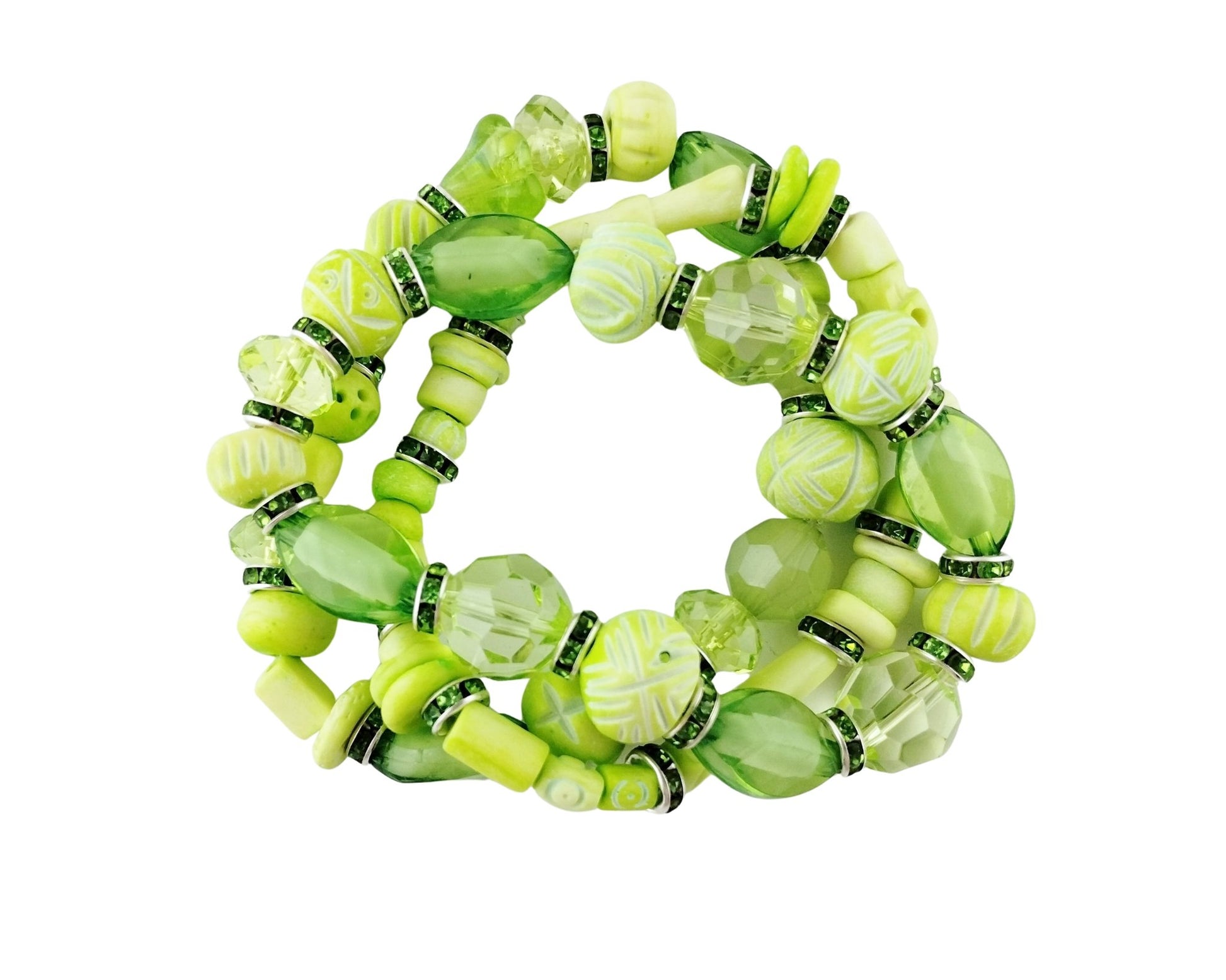 Green beaded bracelet on a white background