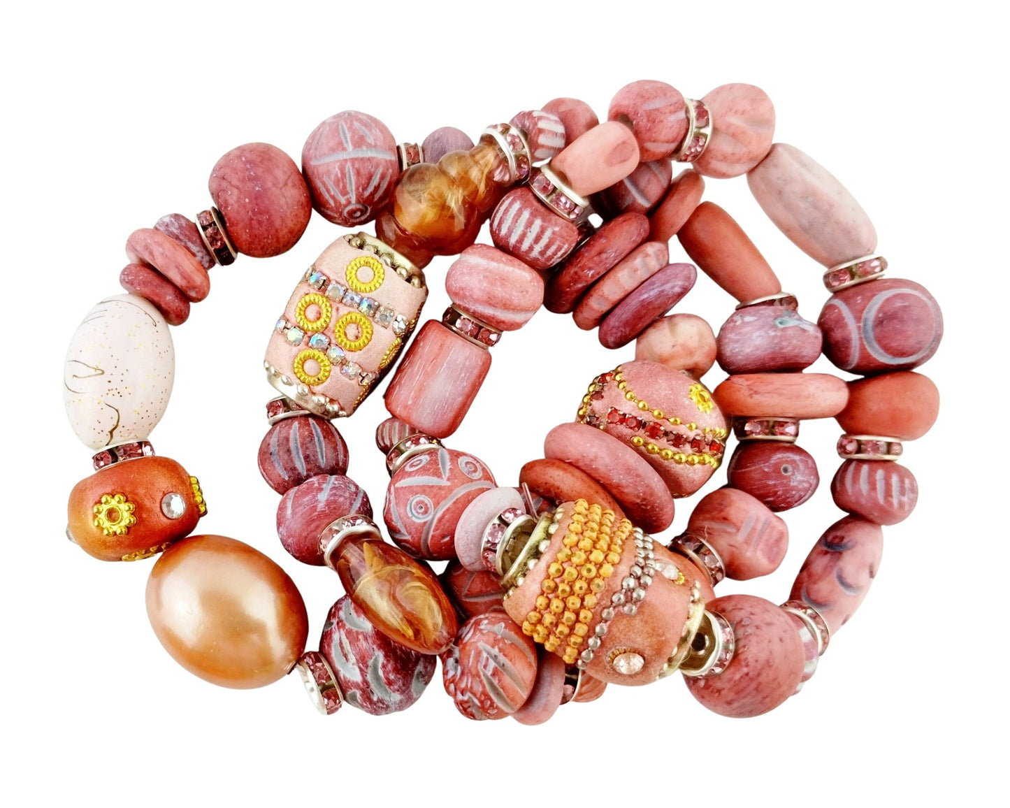 Colorful beaded bracelet with various beads on a white background