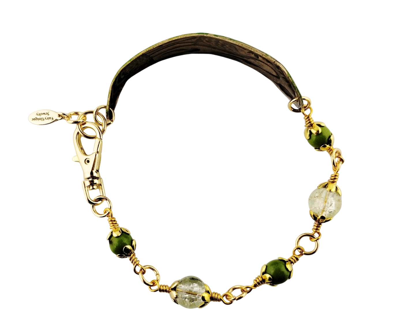 Bracelet with gold chain and green beads on a white background