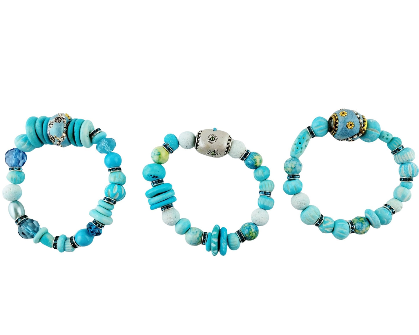 3 Aqua Blue Beaded Stretch Bracelets.