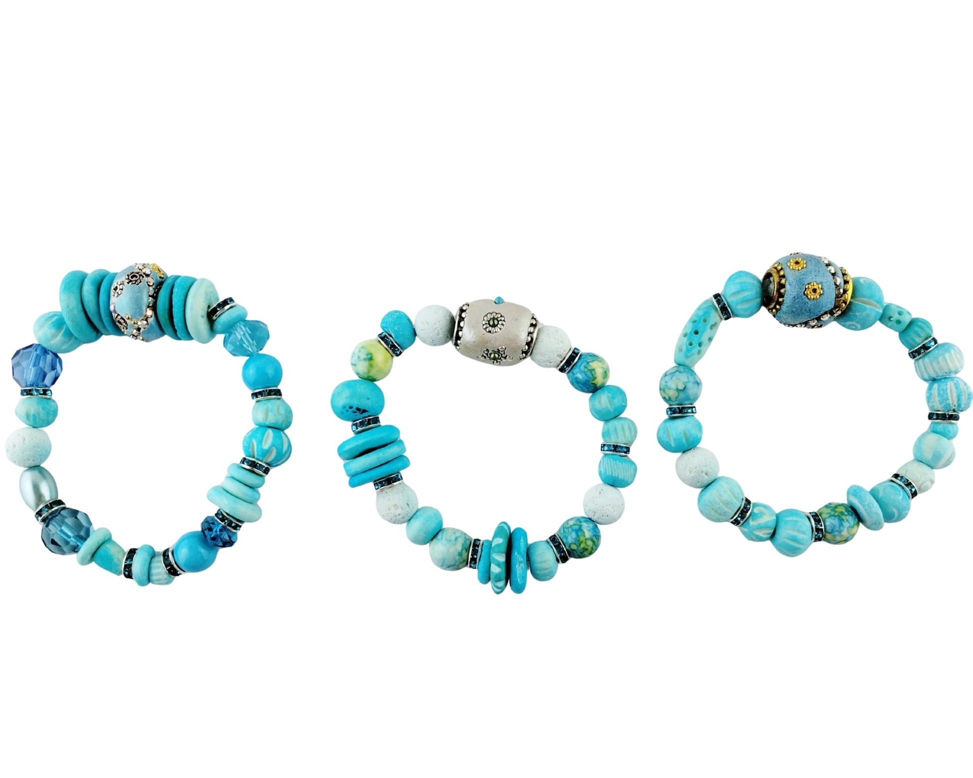 3 Aqua Blue Beaded Stretch Bracelets.