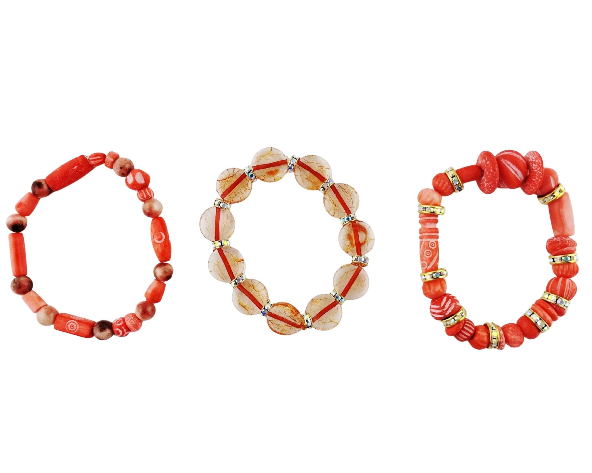 Three red  beaded bracelets on a white background
