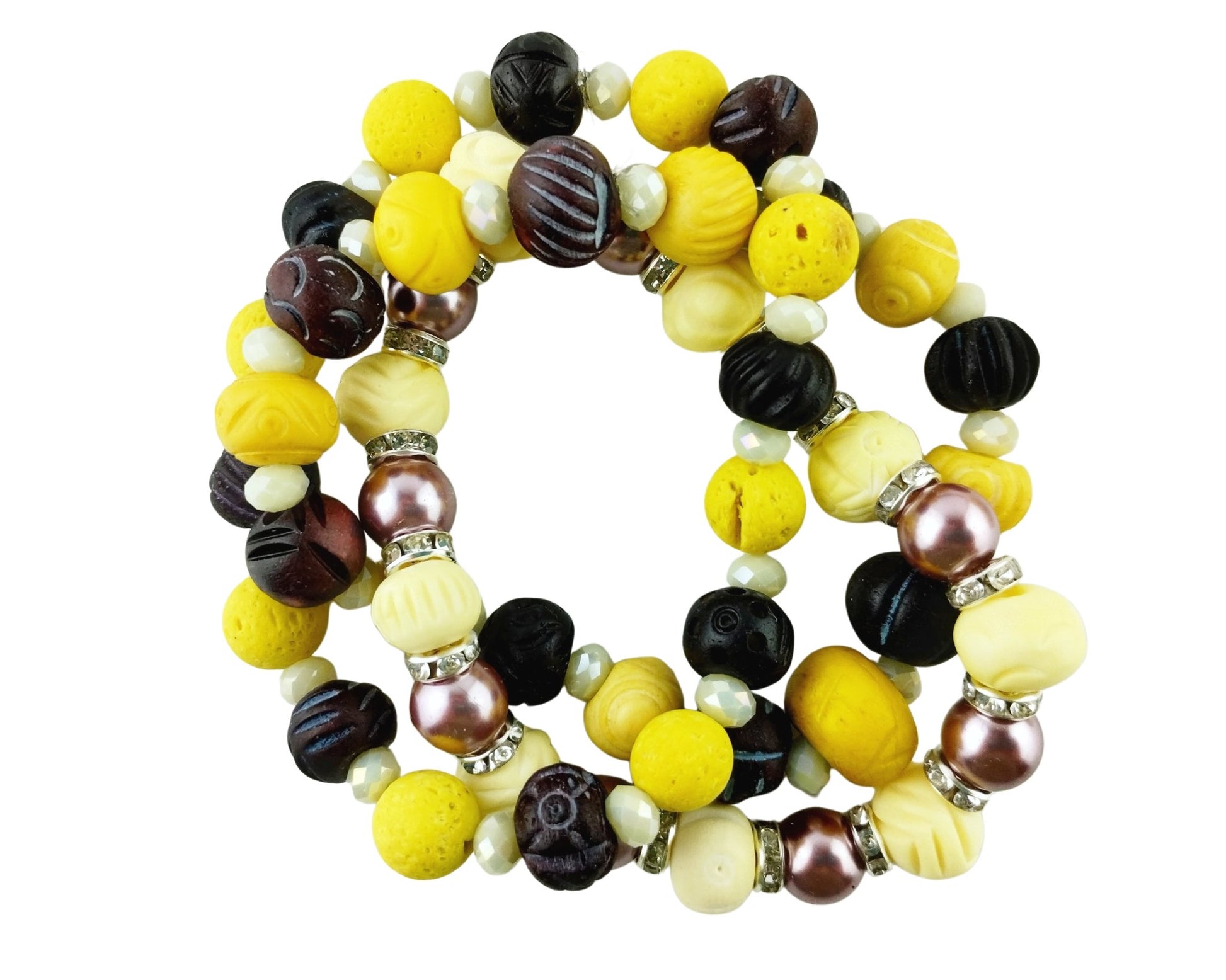Set of colorful beaded bracelets on a white background