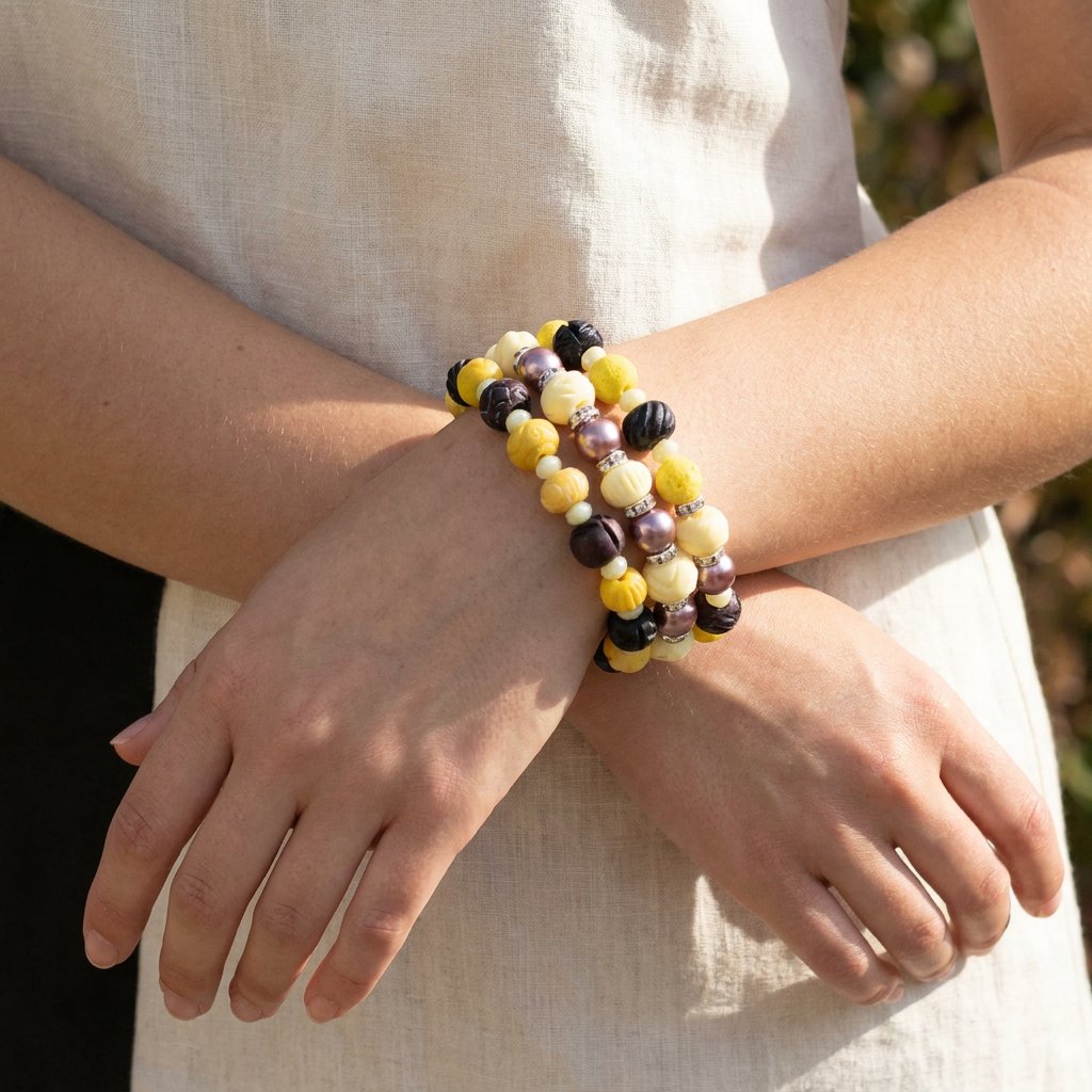 Person wearing a colorful beaded bracelet on a blurred natural background