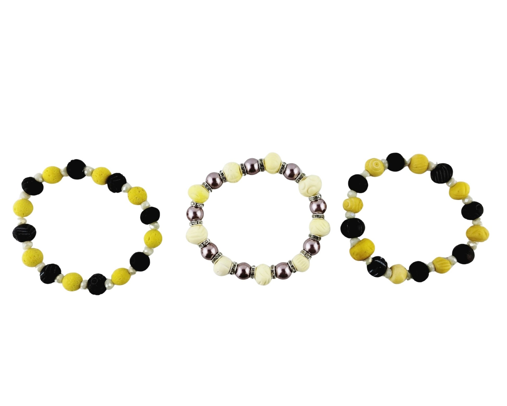 Three beaded bracelets with purple, yellow, and silver beads on a white background