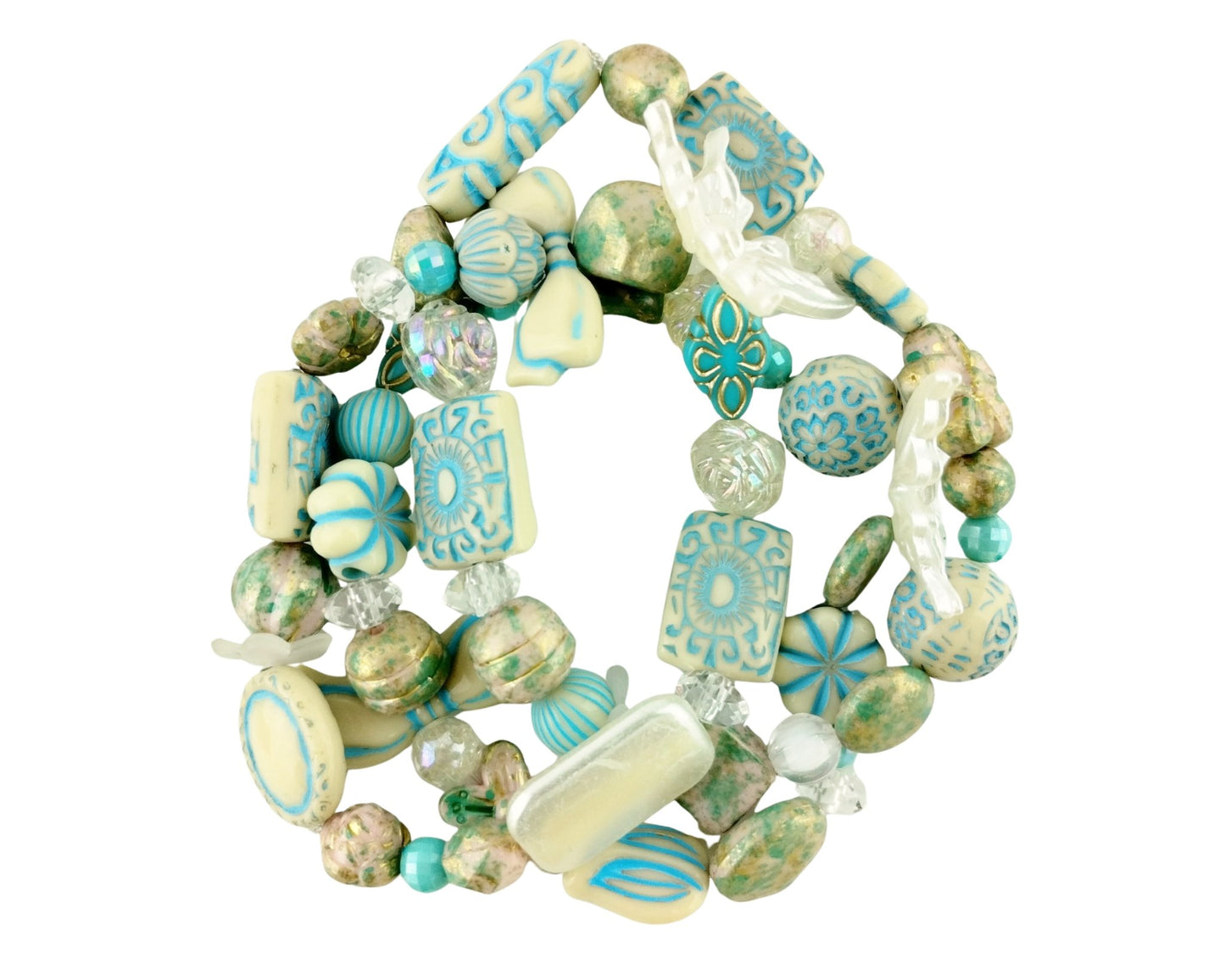 Multicolored beaded bracelet with turquoise and green patterns on a white background