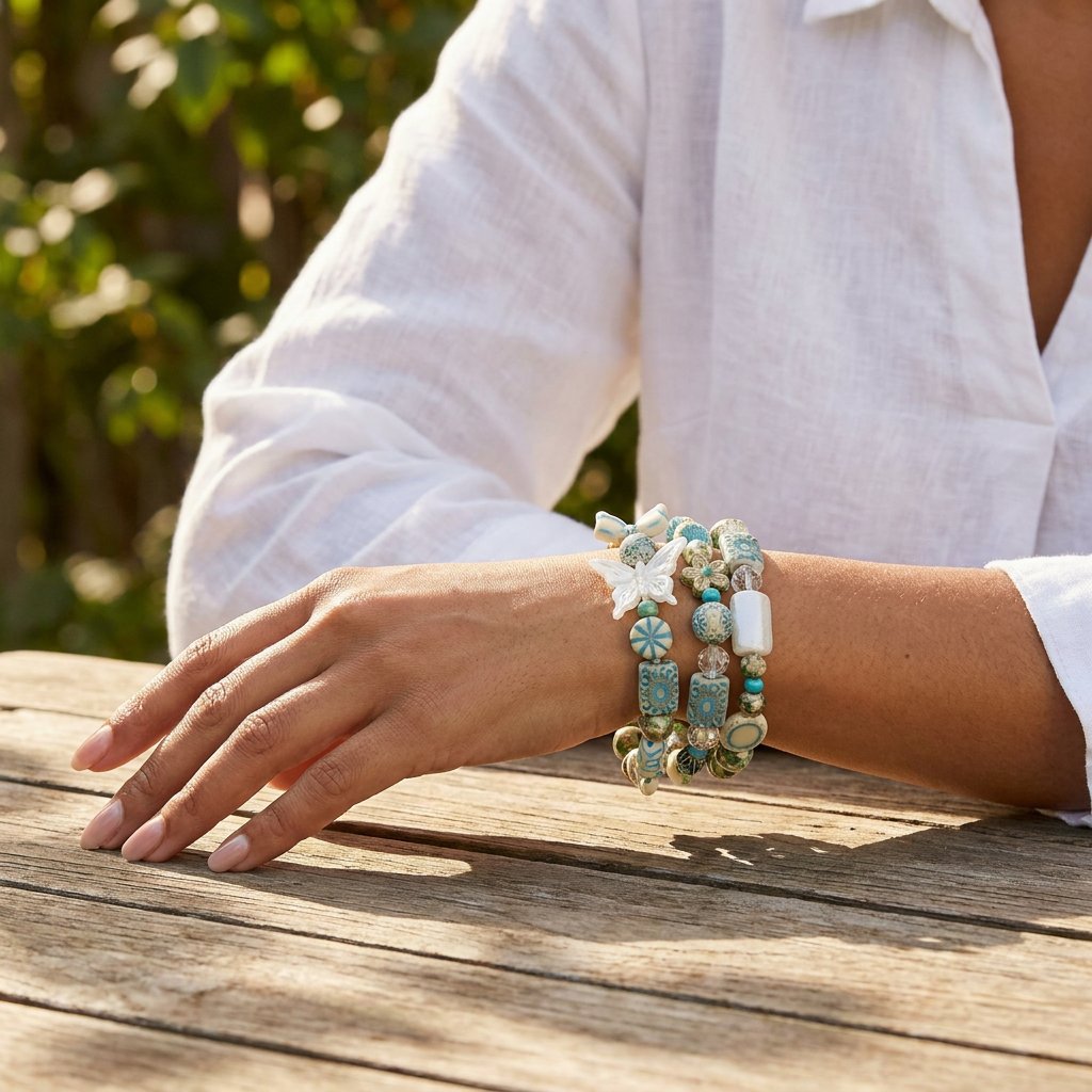 Person wearing multiple bracelets on a wooden surface with a blurred natural background