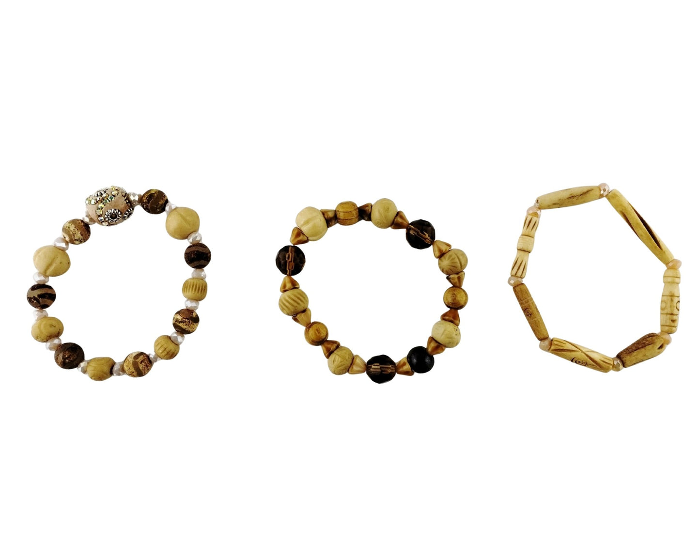 Three wooden beaded bracelets on a white background