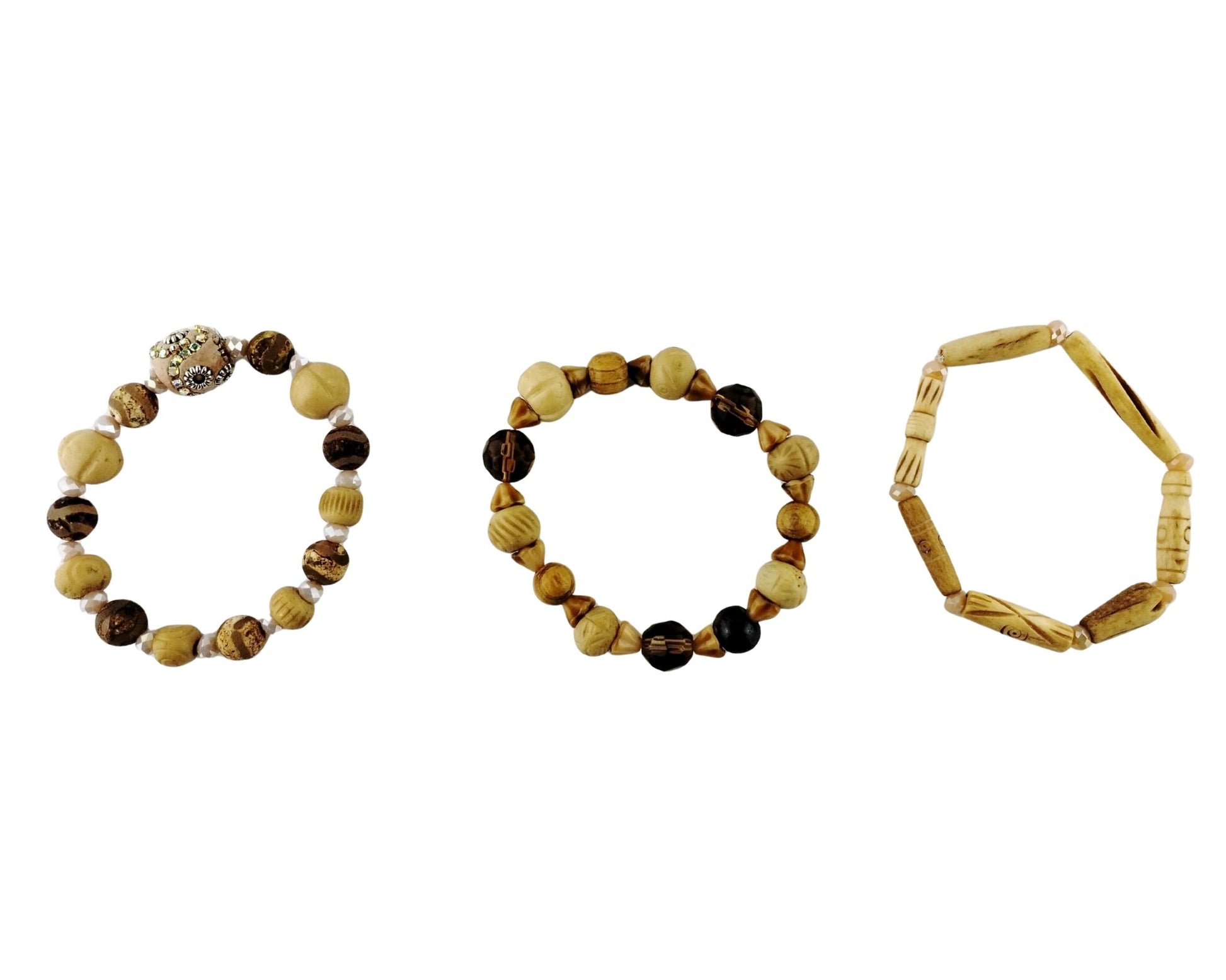 Three wooden beaded bracelets on a white background