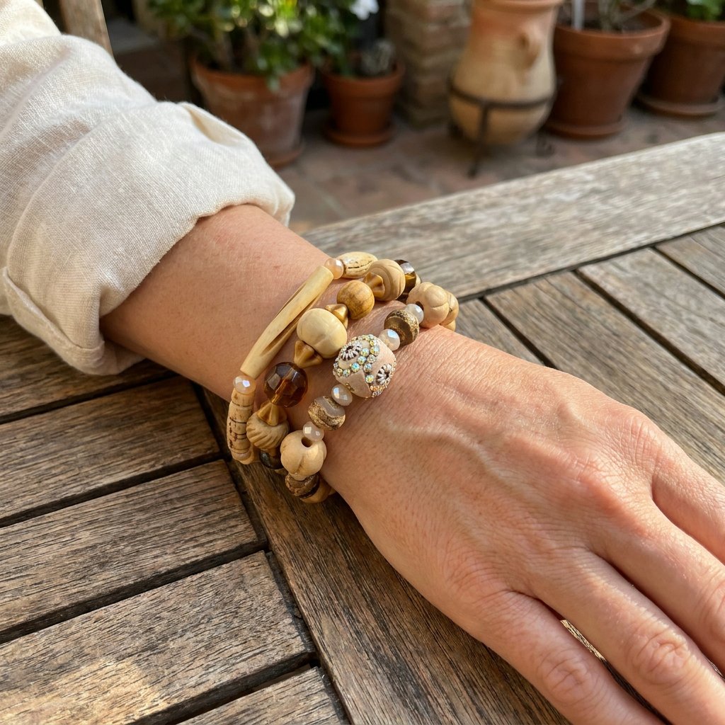 Hand wearing a beaded bracelet on a wooden surface with potted plants in the background