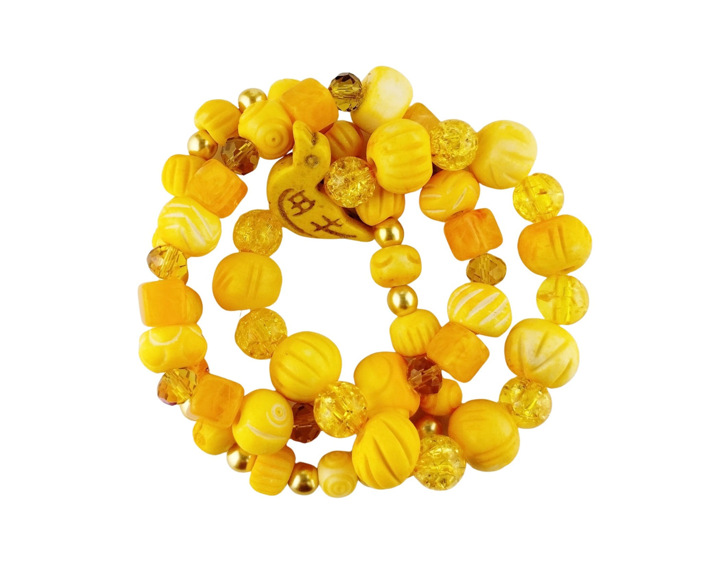 A sunny golden yellow stretch bracelet set with a howlite bird bead focal, glass beads and hand dyed bone beads.