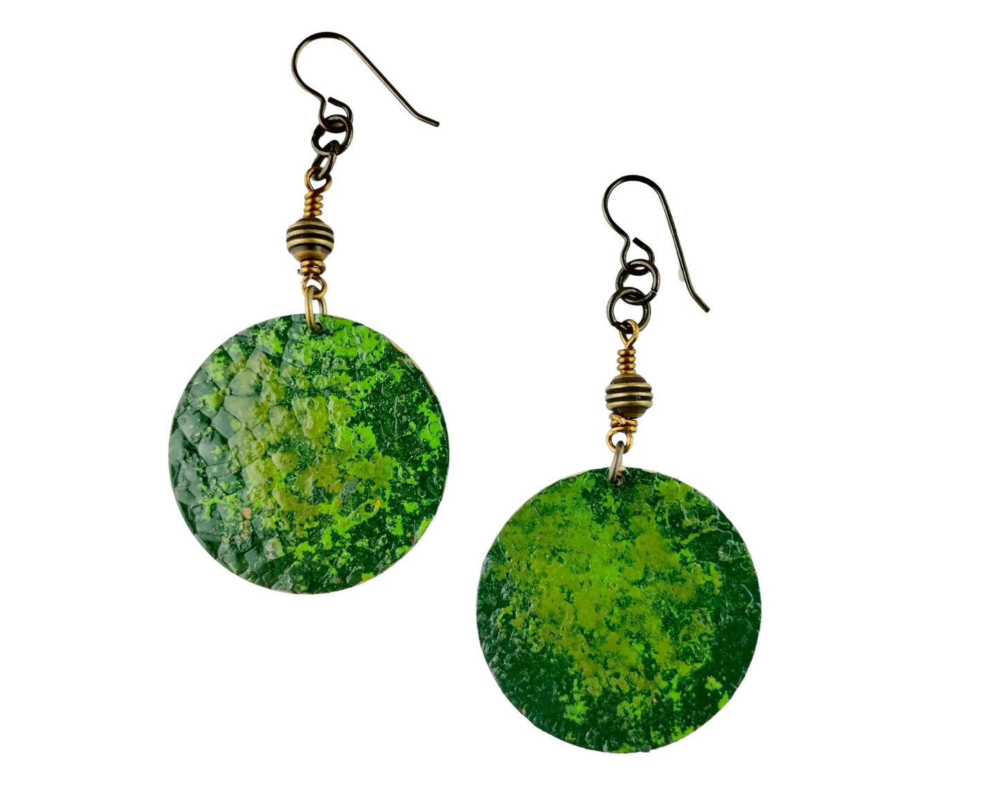 Handmade earrings with brass blanks hand-painted in dark and kelly green, finished with brass ball bead drops.