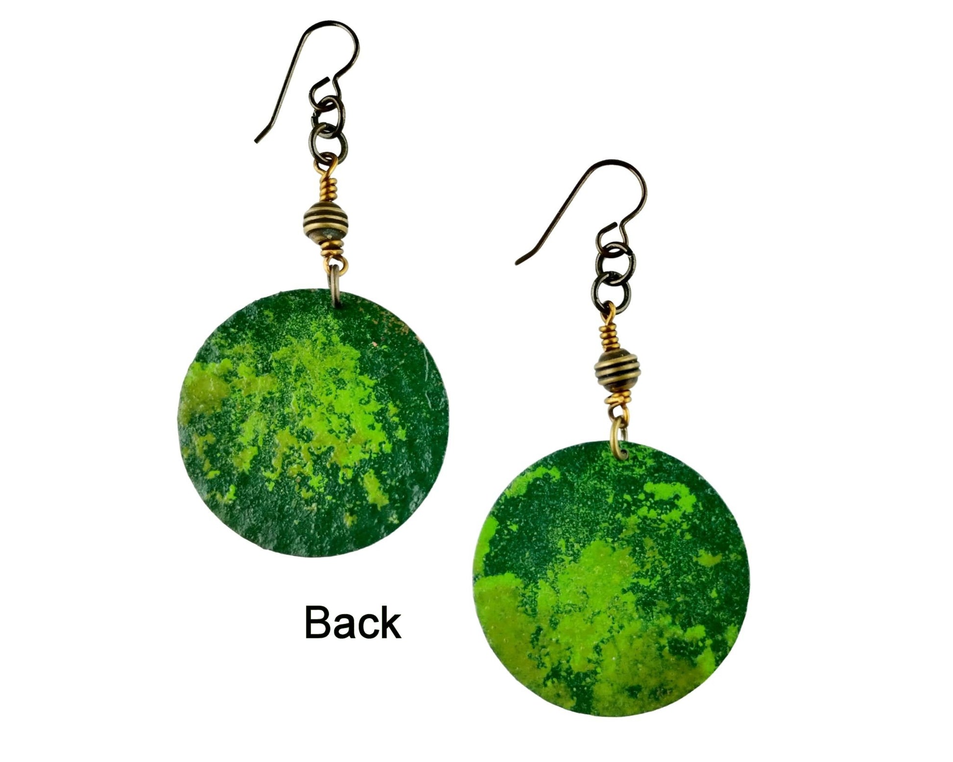Back of bold green artisan earrings featuring layered hues and lightweight nickel-free ear wires.