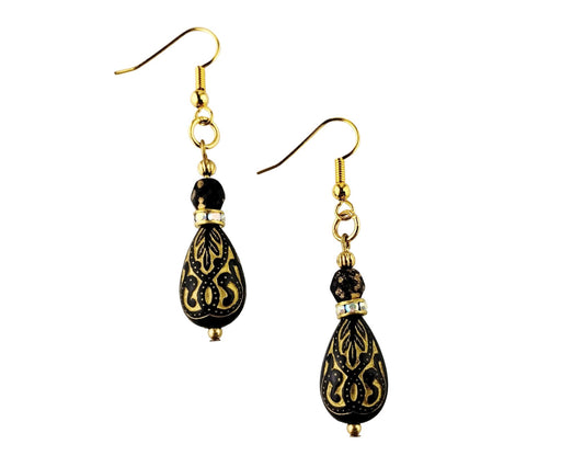 Handmade black and gold teardrop earrings with Czech glass and rhinestones