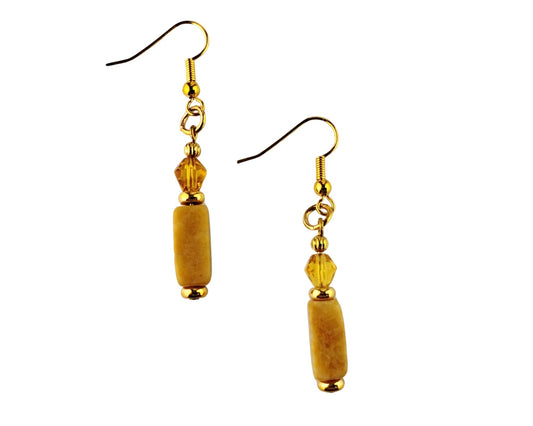 Handmade yellow marble and crystal earrings on gold-plated hooks