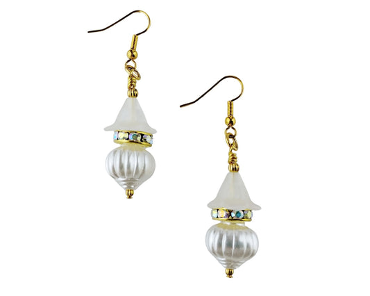 Handmade winter white lantern bead earrings with gold ear wires and rhinestones