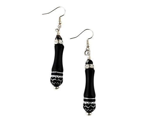 Handmade black acrylic tube earrings with hematite bead and rhinestone accent