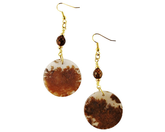 Handmade earrings with brown moss agate and Czech glass snake pattern beads