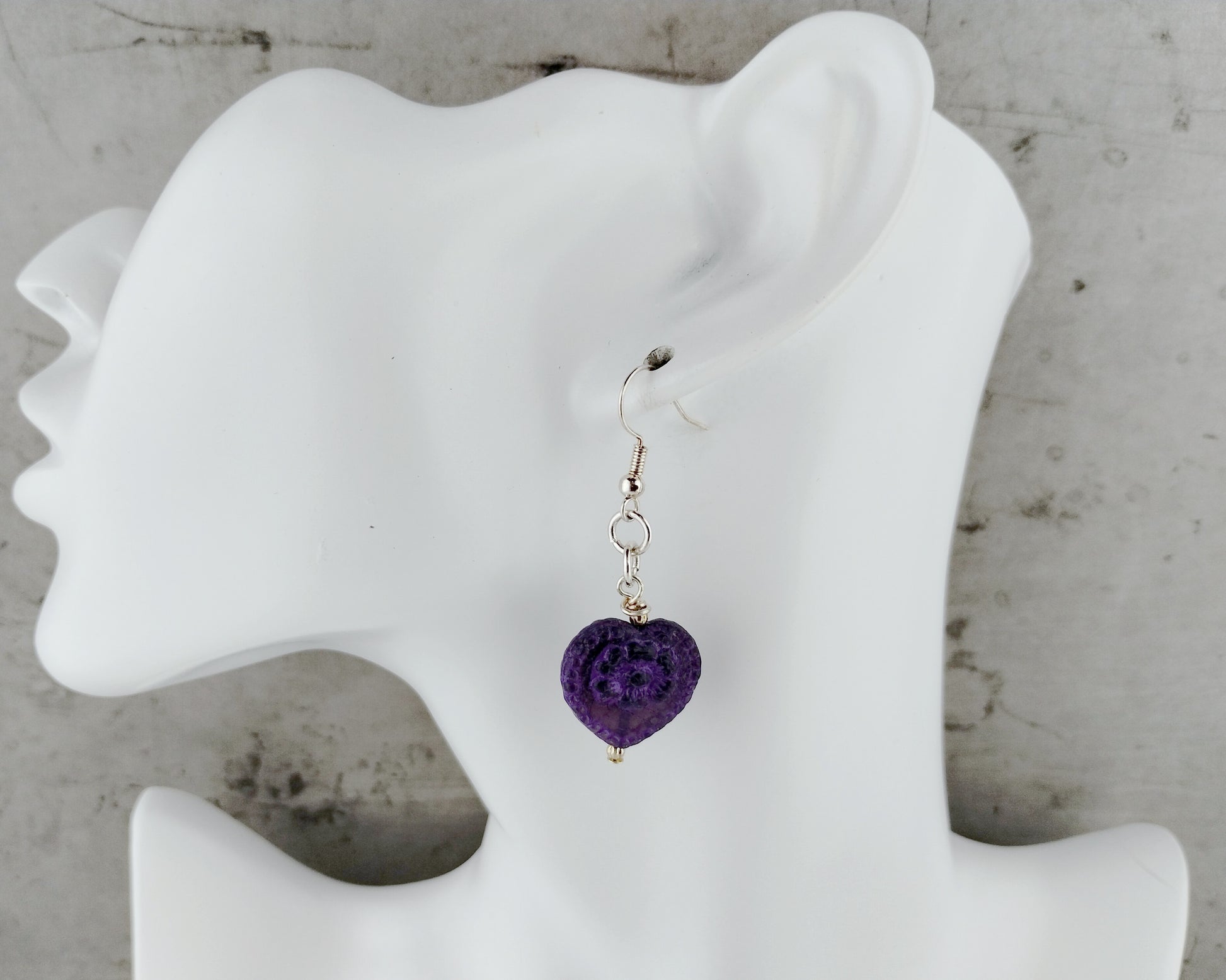 Elegant purple heart dangle earrings with silver-plated accents