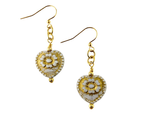 Handmade white Czech glass heart earrings with a gold floral design