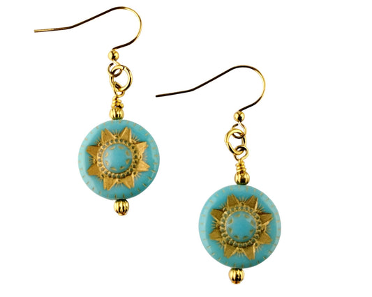 Handmade turquoise blue Czech glass earrings with gold sunburst