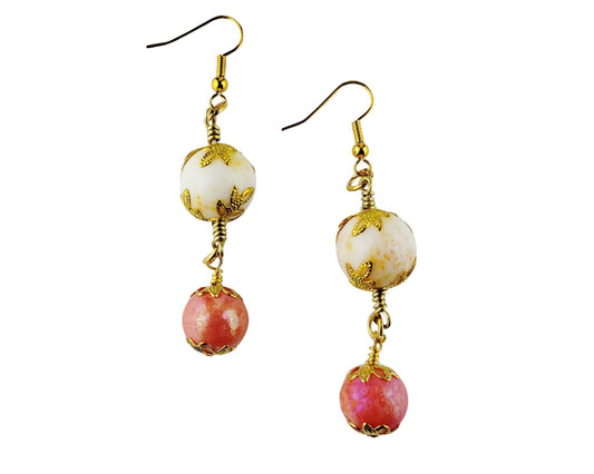 Victorian-style dangle earrings with coral pink glass and lava beads