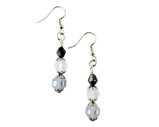 Handmade gray and white glass bead drop earrings