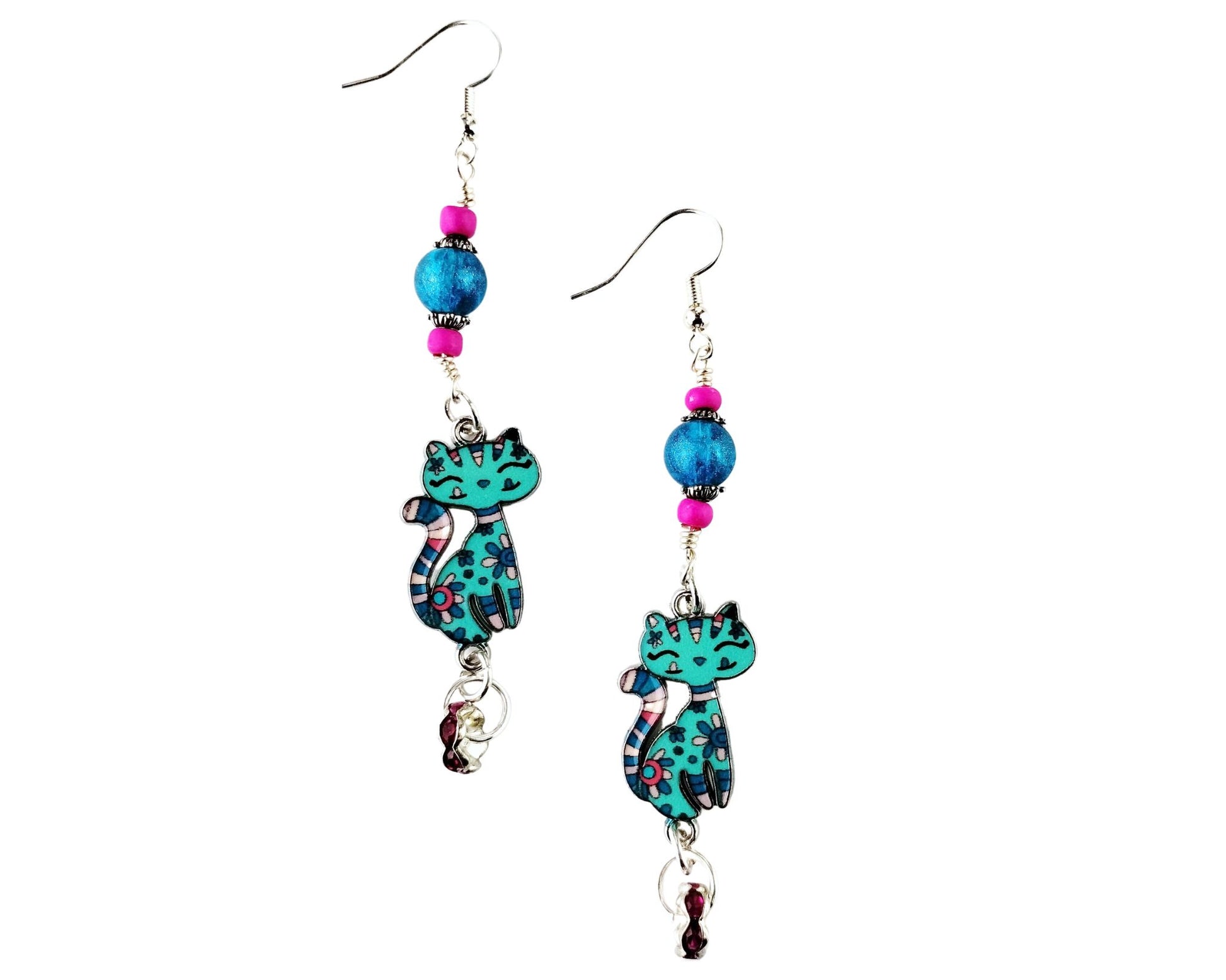 Aqua blue enamel kitty charm earrings with pink flower design