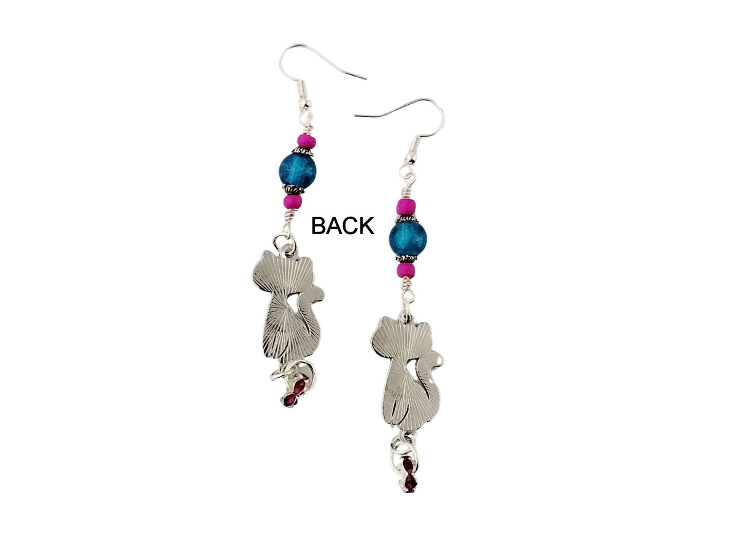 Aqua blue enamel kitty charm earrings with pink flower design

