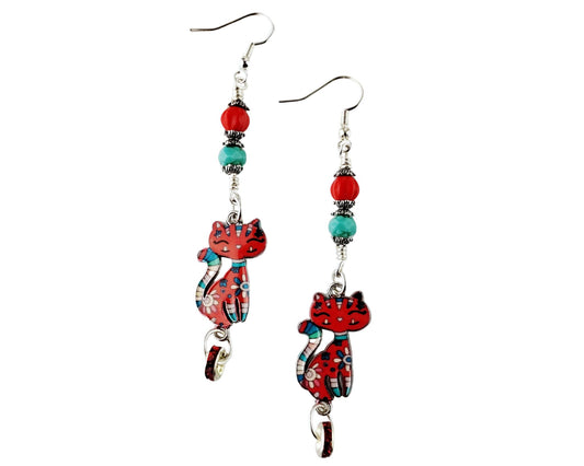 Handmade crimson red kitty earrings with aqua blue and pink accents