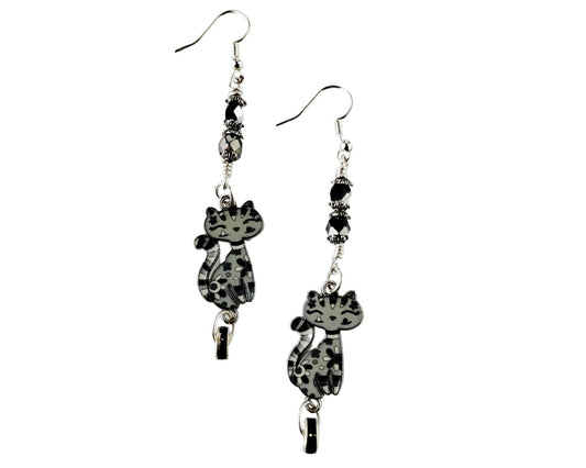 Handmade gray and black kitty earrings with sparkling glass beads