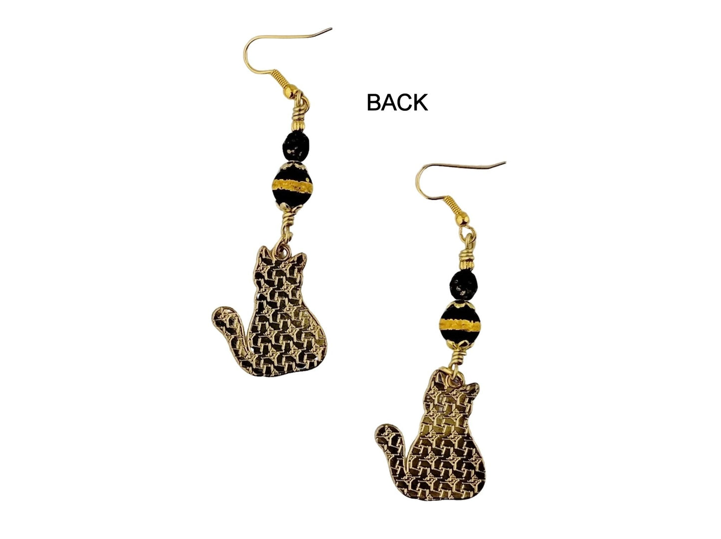 Handmade black cat enamel earrings with gold-plated brass findings