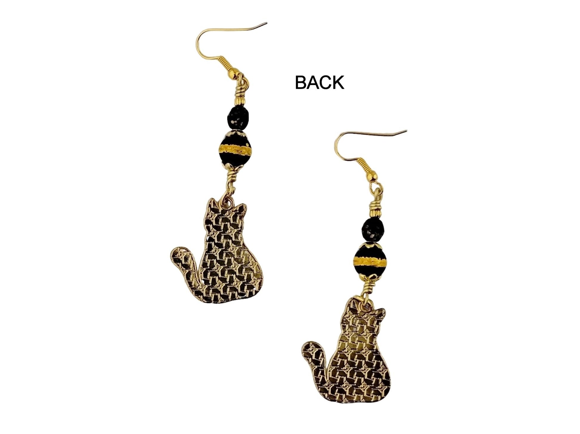 Handmade black cat enamel earrings with gold-plated brass findings