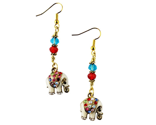 Enamel elephant earrings with jeweled saddle and beaded links