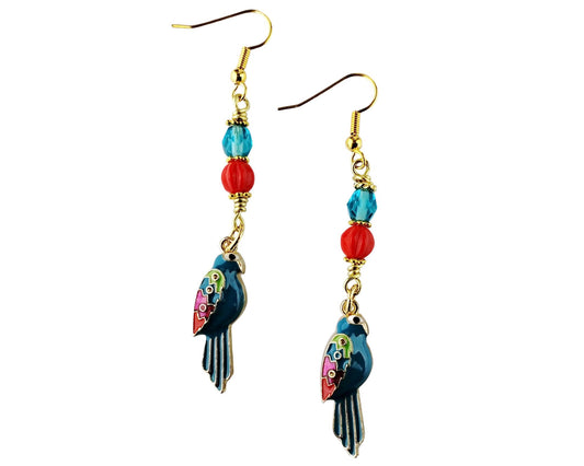 Tropical parrot charm earrings in teal and red enamel