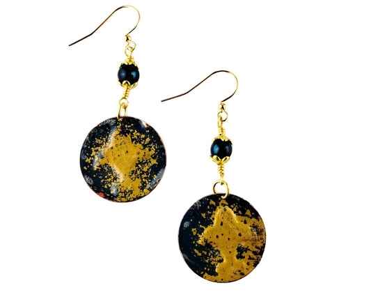 Artisan boho earrings with textured brass discs in antique gold and dark aquamarine, perfect for elegant or everyday wear