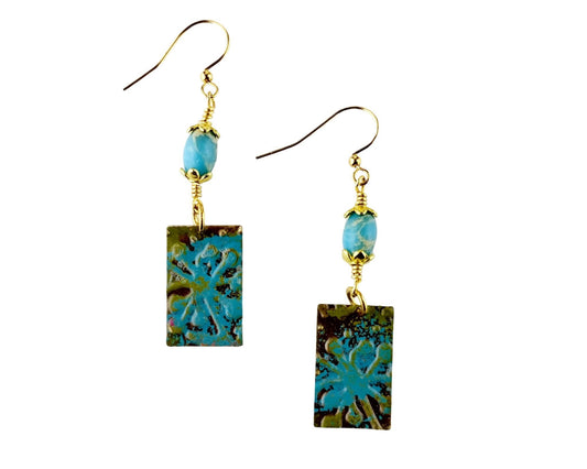Hand-painted brass rectangle earrings with olive green and cyan blue splot design