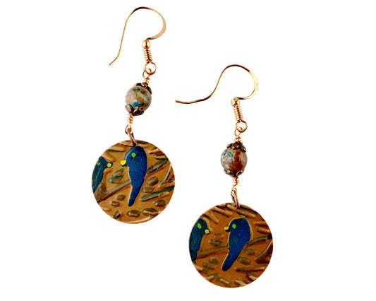 Aqua blue copper earrings with bird on branch design