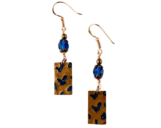 Petite copper rectangle earrings with flying bird design