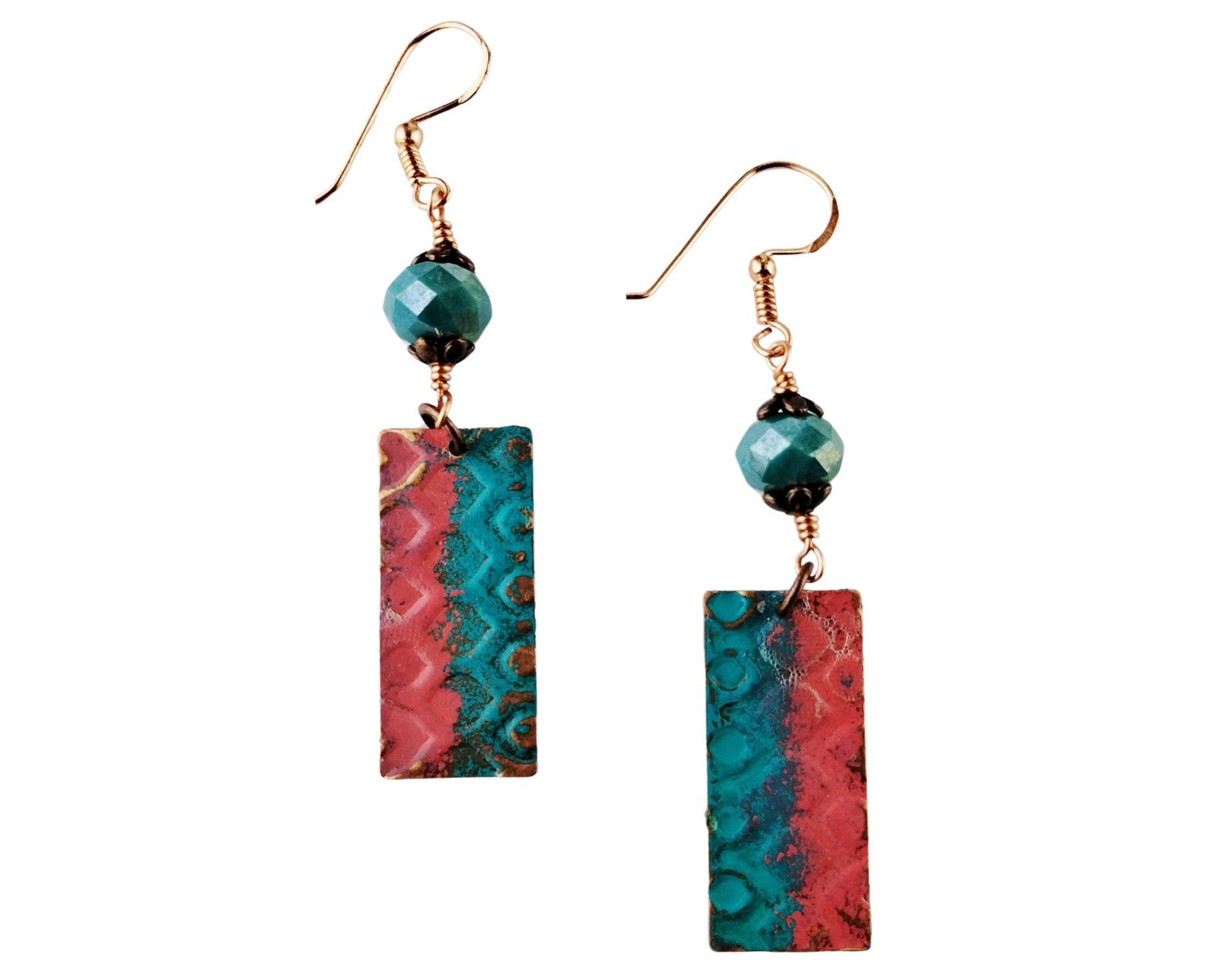 Hand-painted copper earrings with waffle pattern and cyan blue glass beads