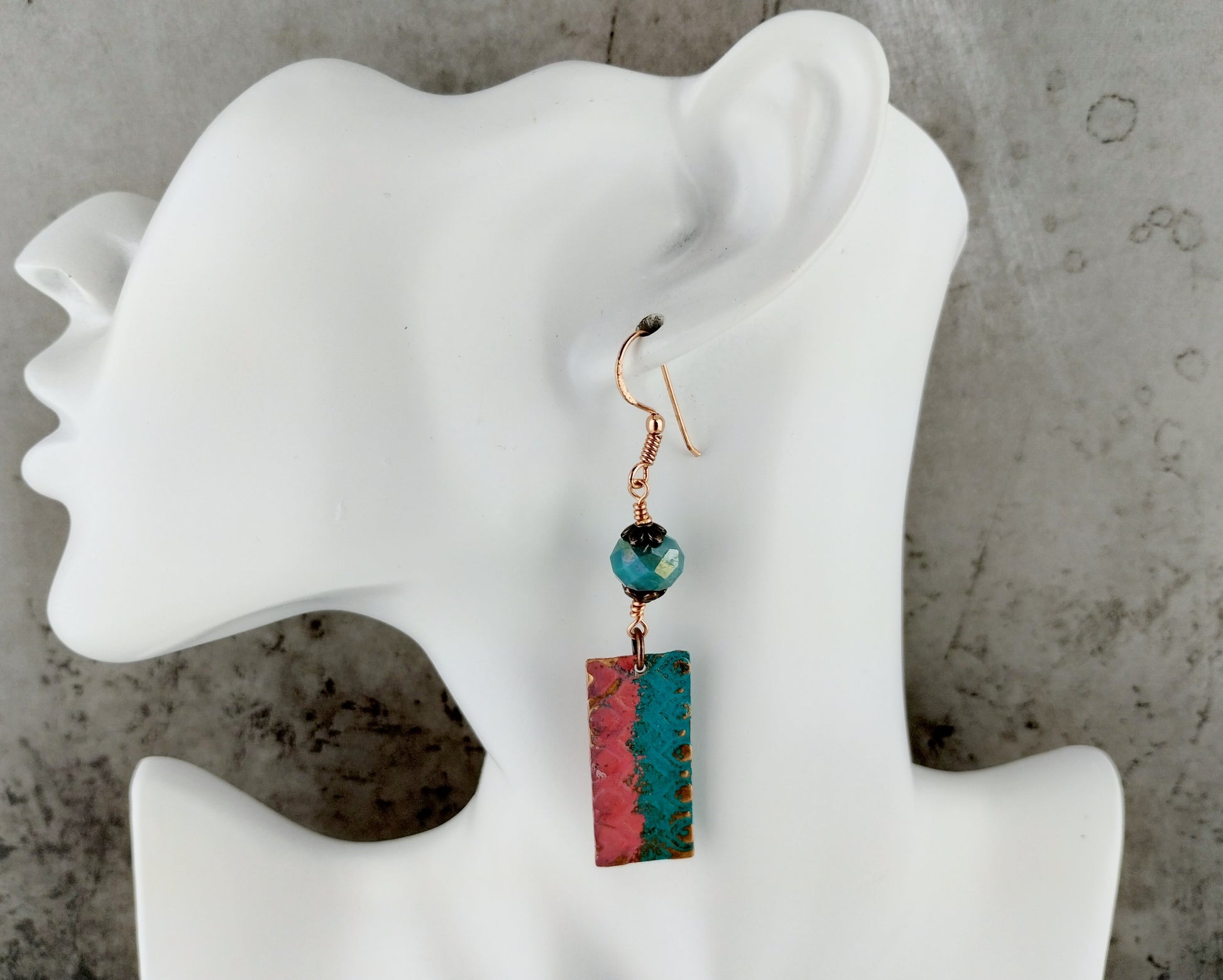 Southwest-style copper rectangle earrings in rose pink and blue
